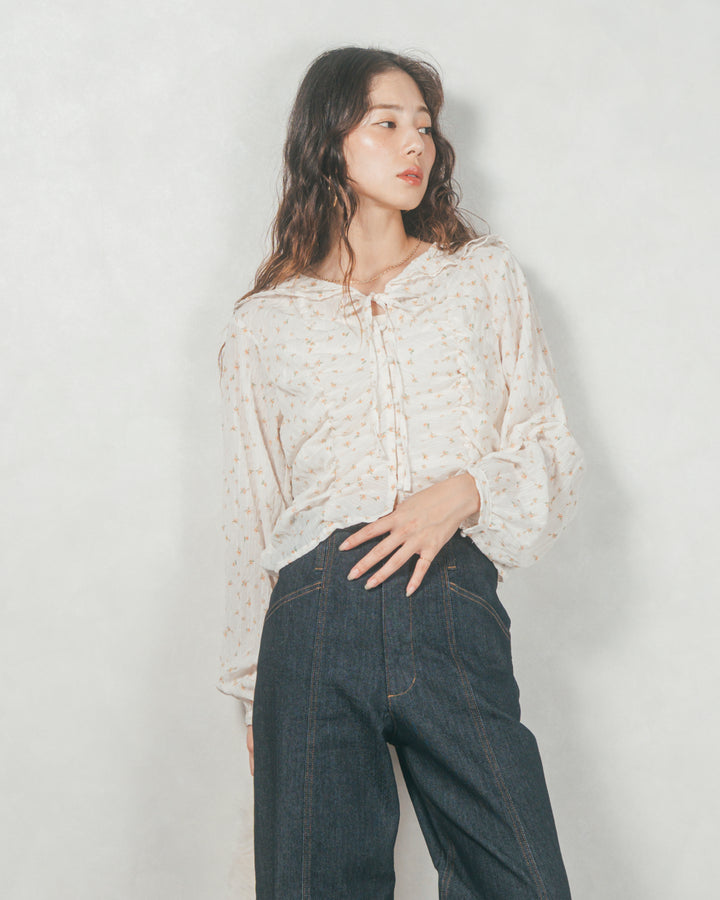 Flowerプリントフリルブラウス(OFF WHITE)