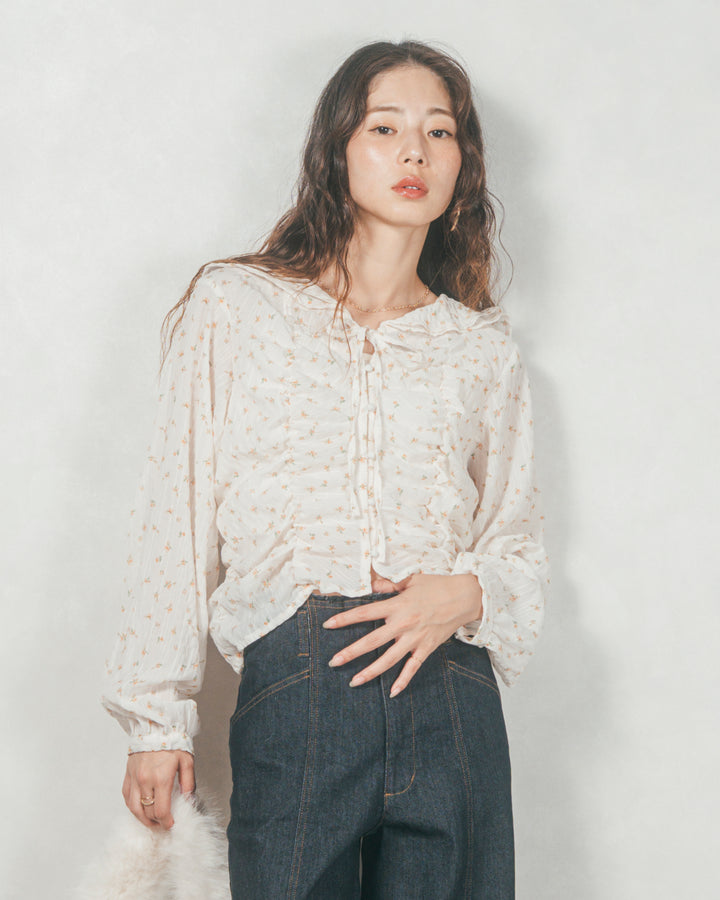 Flowerプリントフリルブラウス(OFF WHITE)