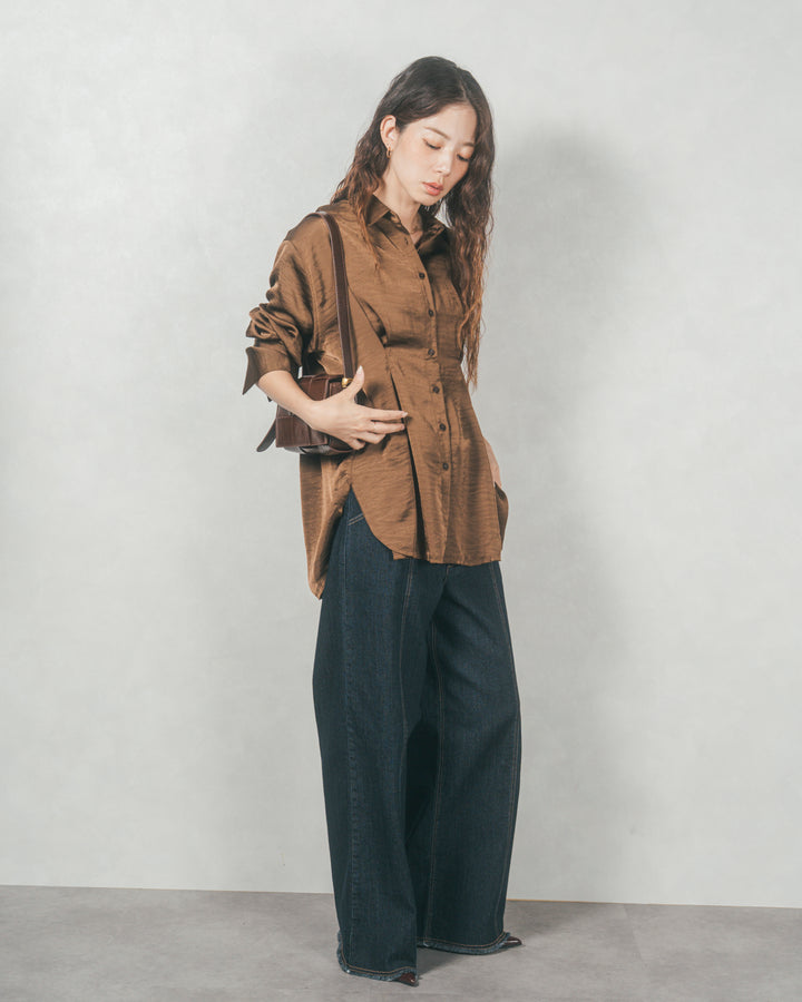 マットサテン タックシャツ (BROWN)