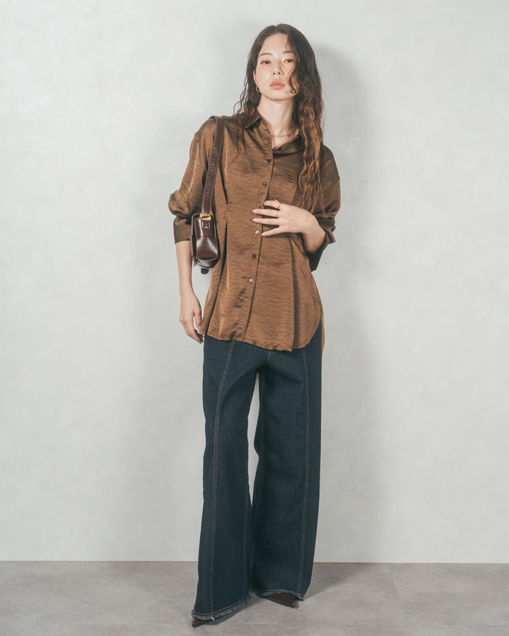 マットサテン タックシャツ (BROWN)
