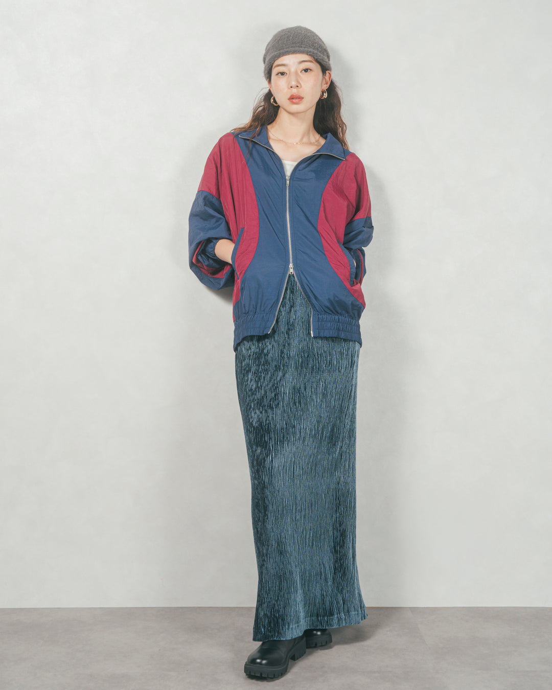 バイカラーオーバーサイズブルゾン (NAVY x BORDEAUX)