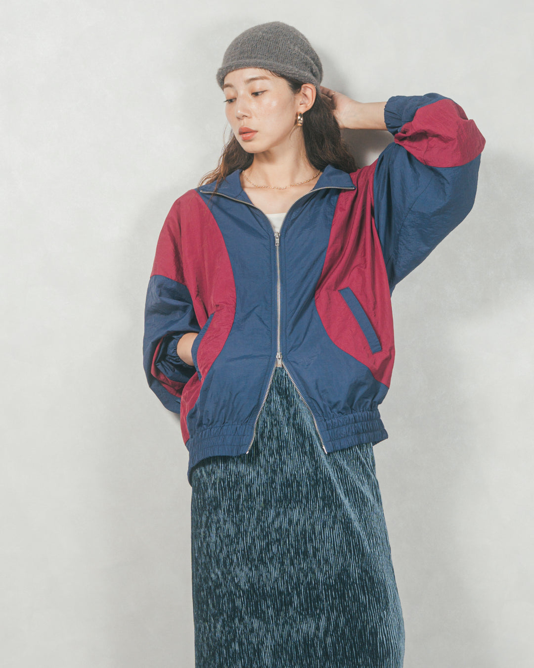 バイカラーオーバーサイズブルゾン (NAVY x BORDEAUX)
