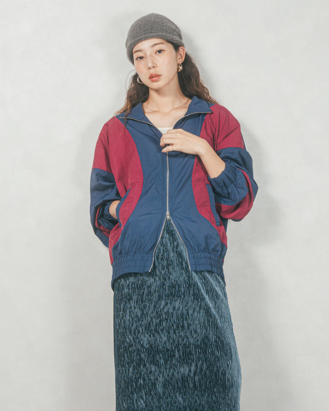 バイカラーオーバーサイズブルゾン (NAVY x BORDEAUX)