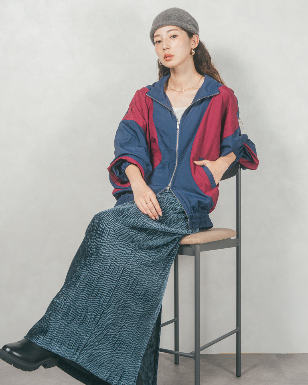 バイカラーオーバーサイズブルゾン (NAVY x BORDEAUX)