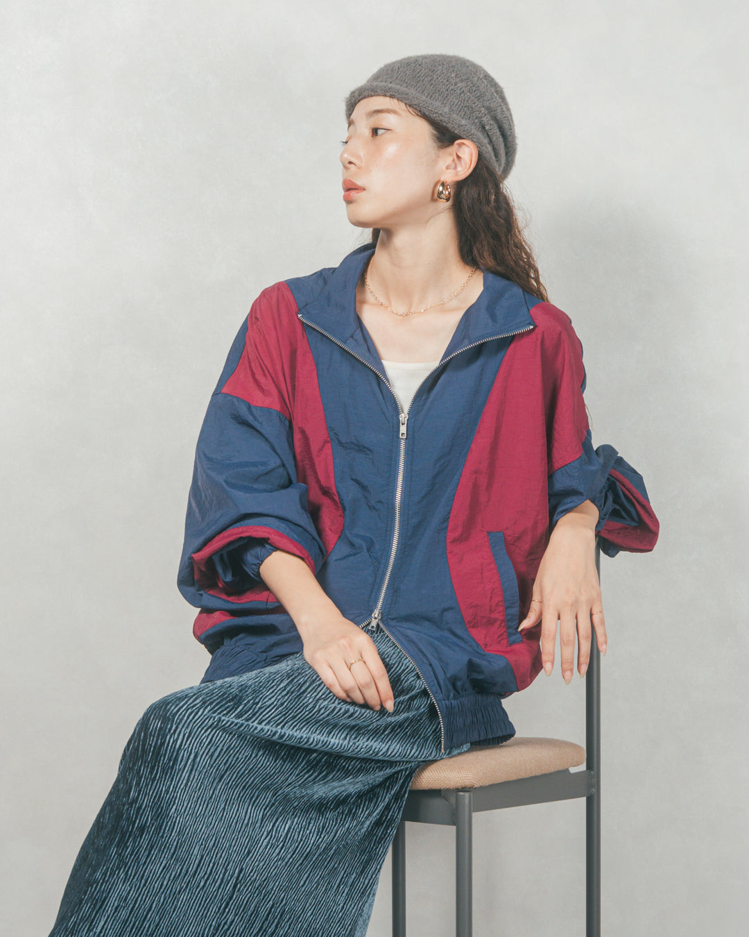 バイカラーオーバーサイズブルゾン (NAVY x BORDEAUX)