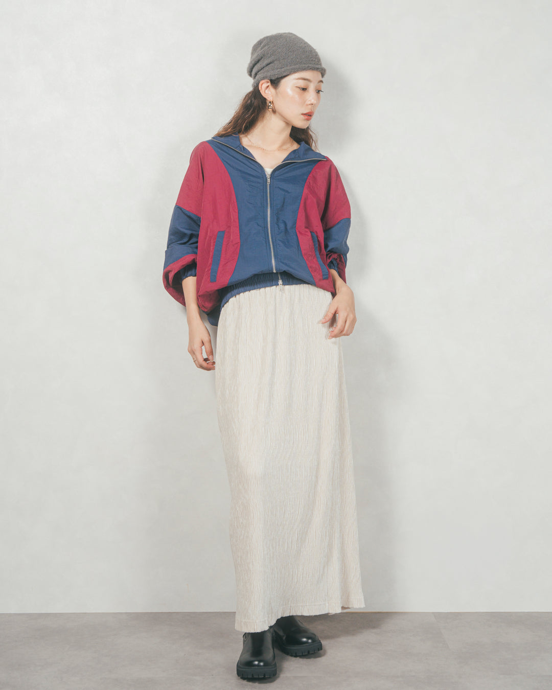 バイカラーオーバーサイズブルゾン (NAVY x BORDEAUX)