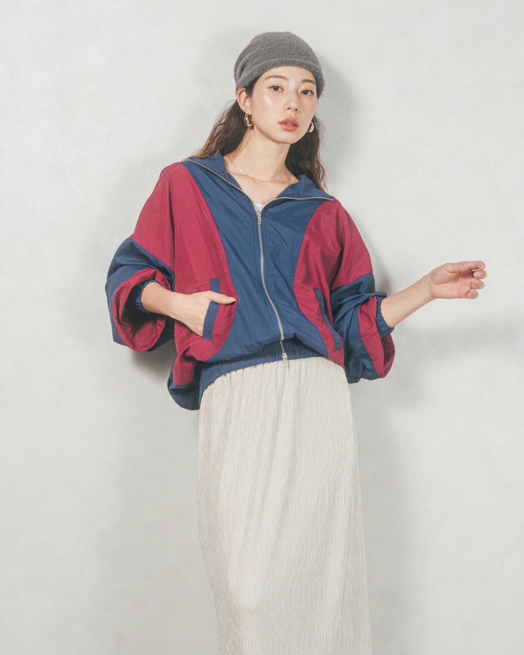 バイカラーオーバーサイズブルゾン (NAVY x BORDEAUX)