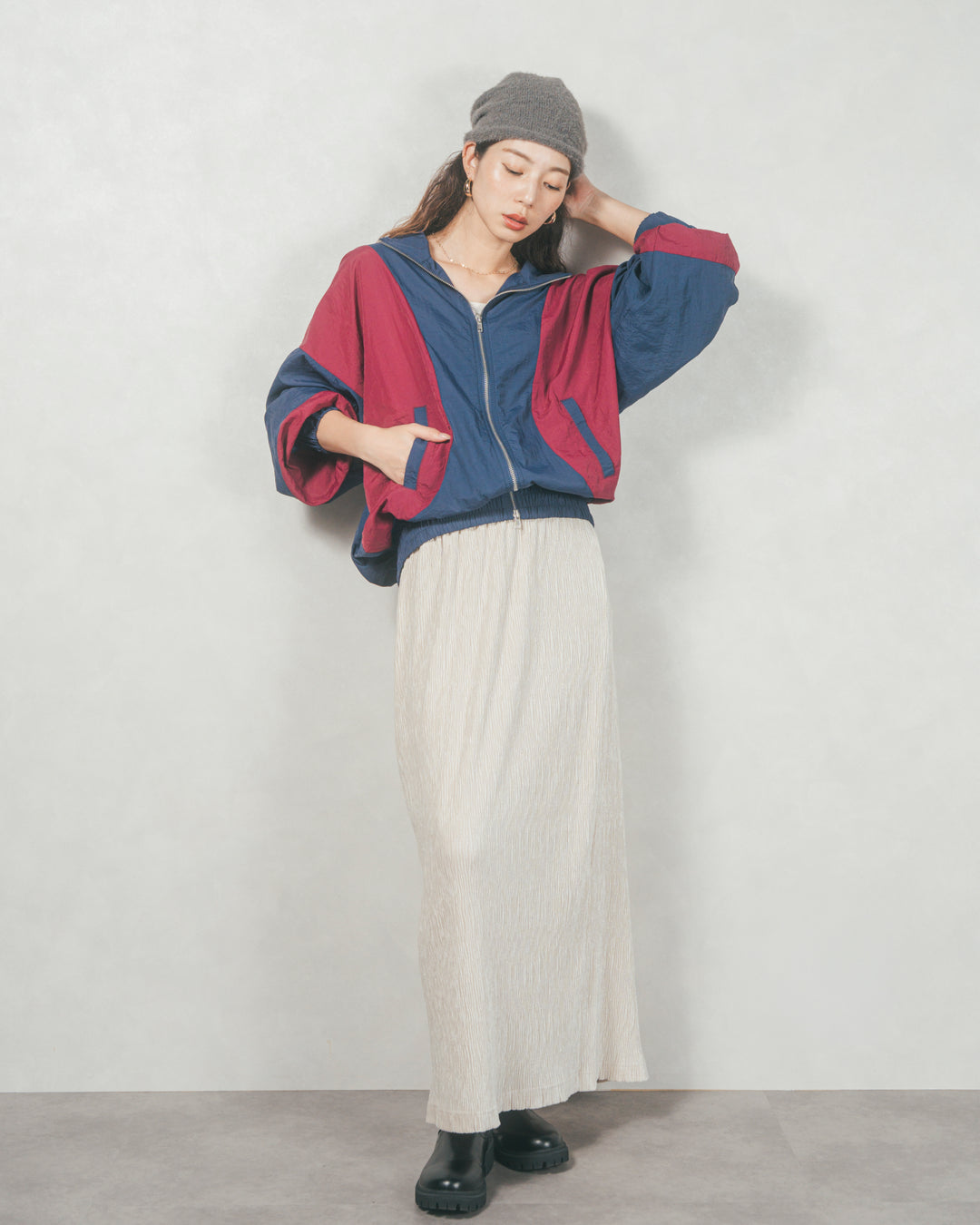バイカラーオーバーサイズブルゾン (NAVY x BORDEAUX)
