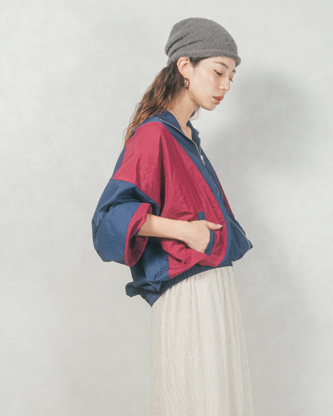 バイカラーオーバーサイズブルゾン (NAVY x BORDEAUX)