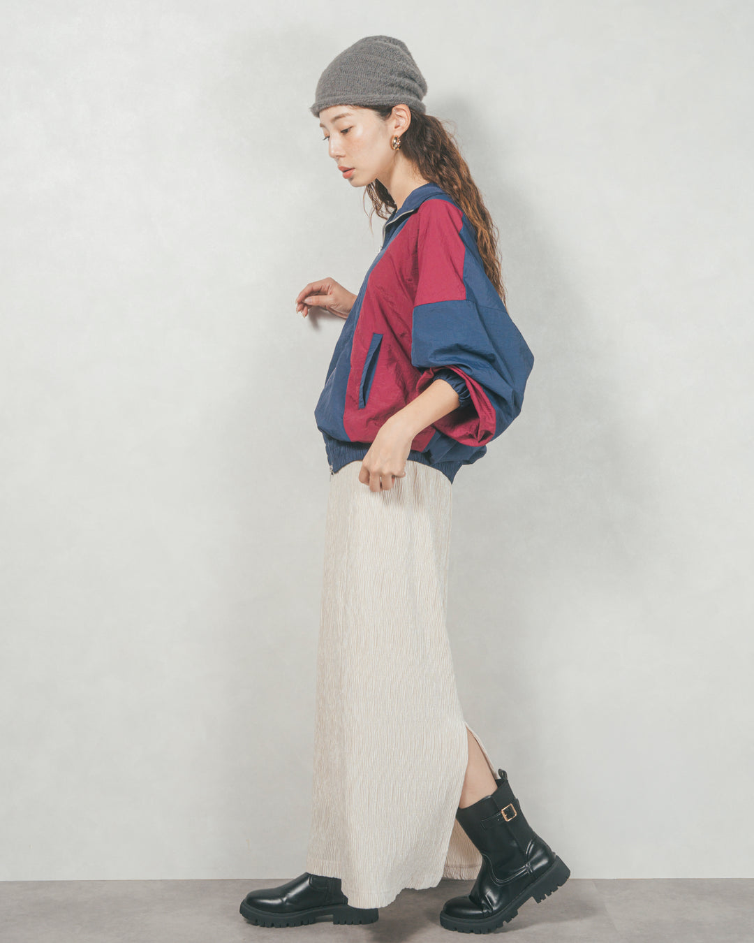 バイカラーオーバーサイズブルゾン (NAVY x BORDEAUX)