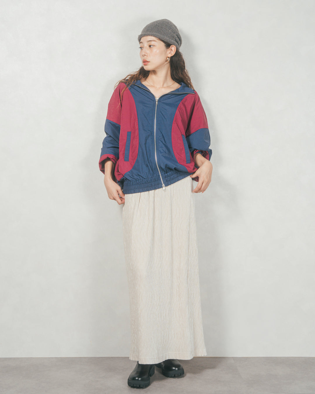 バイカラーオーバーサイズブルゾン (NAVY x BORDEAUX)