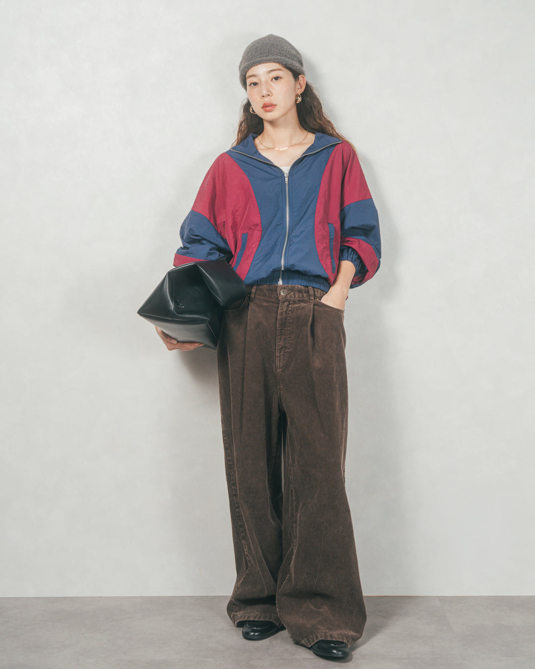 バイカラーオーバーサイズブルゾン (NAVY x BORDEAUX)