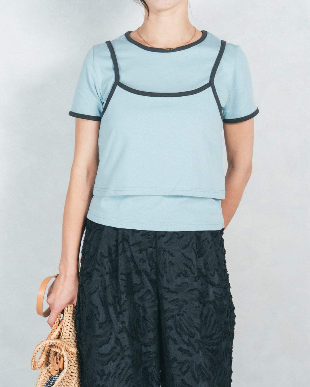 キャミ付きリンガーTシャツ (LIGHT BLUE x GREY)