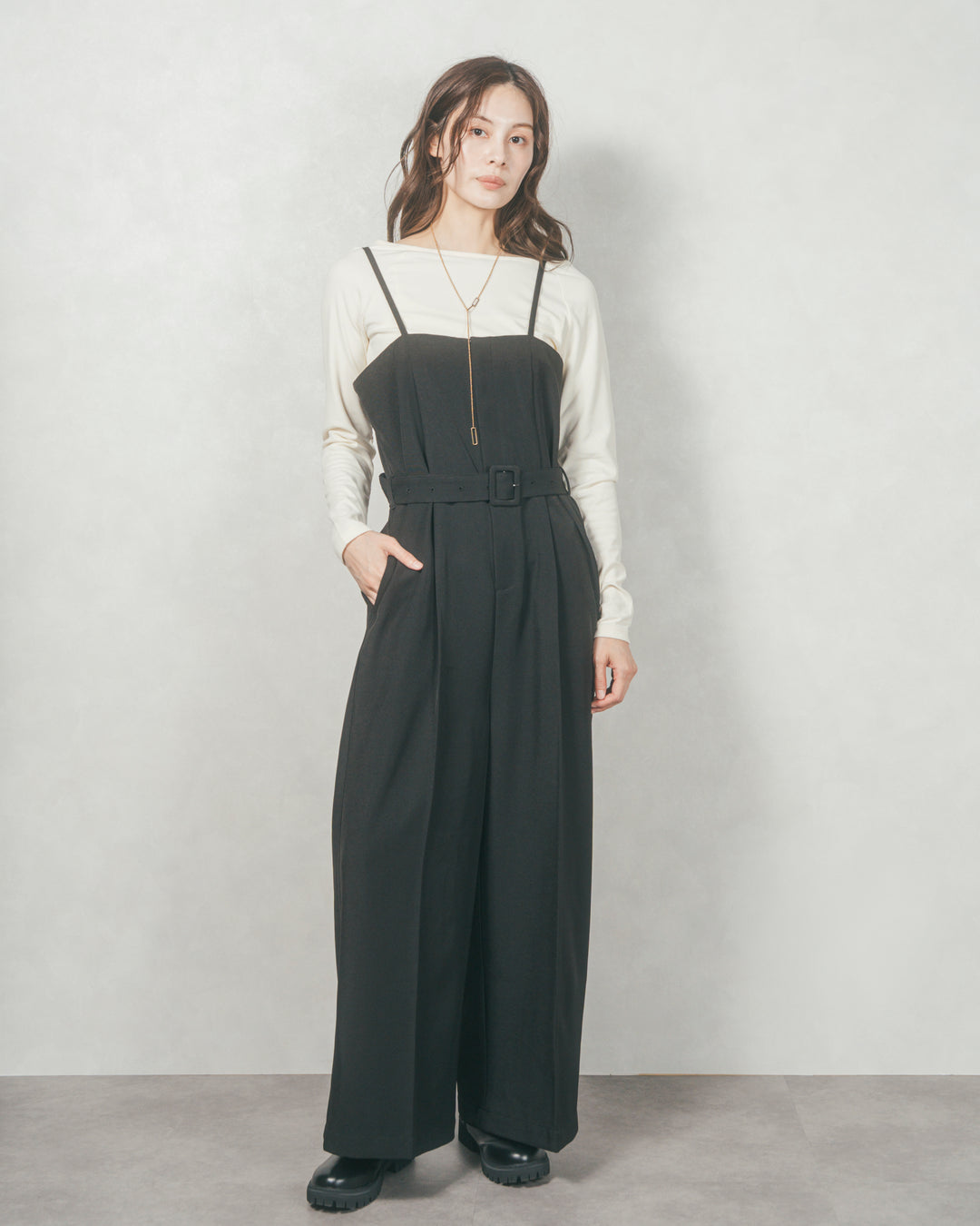 ウエストベルト付 Twillキャミサロペ (BLACK)