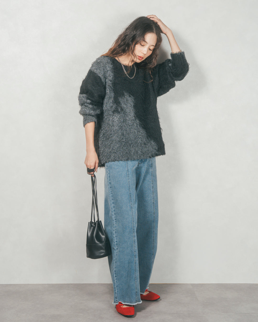 ニュアンスグラデーションShaggyニット (BLACK)