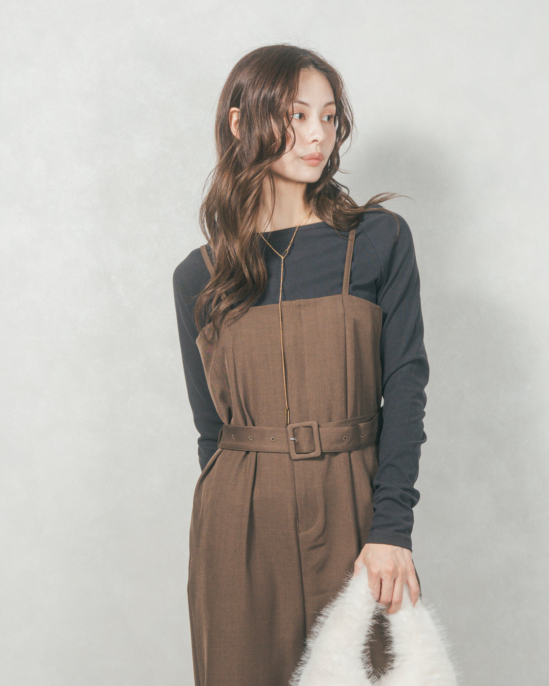ウエストベルト付 Twillキャミサロペ (BROWN)