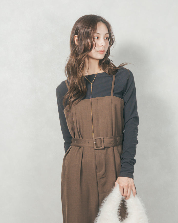 ウエストベルト付 Twillキャミサロペ (BROWN)