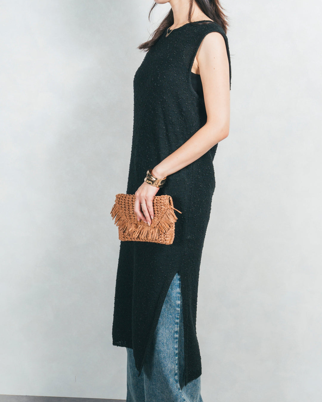 ネップヤーンノースリーブニットワンピ (BLACK)