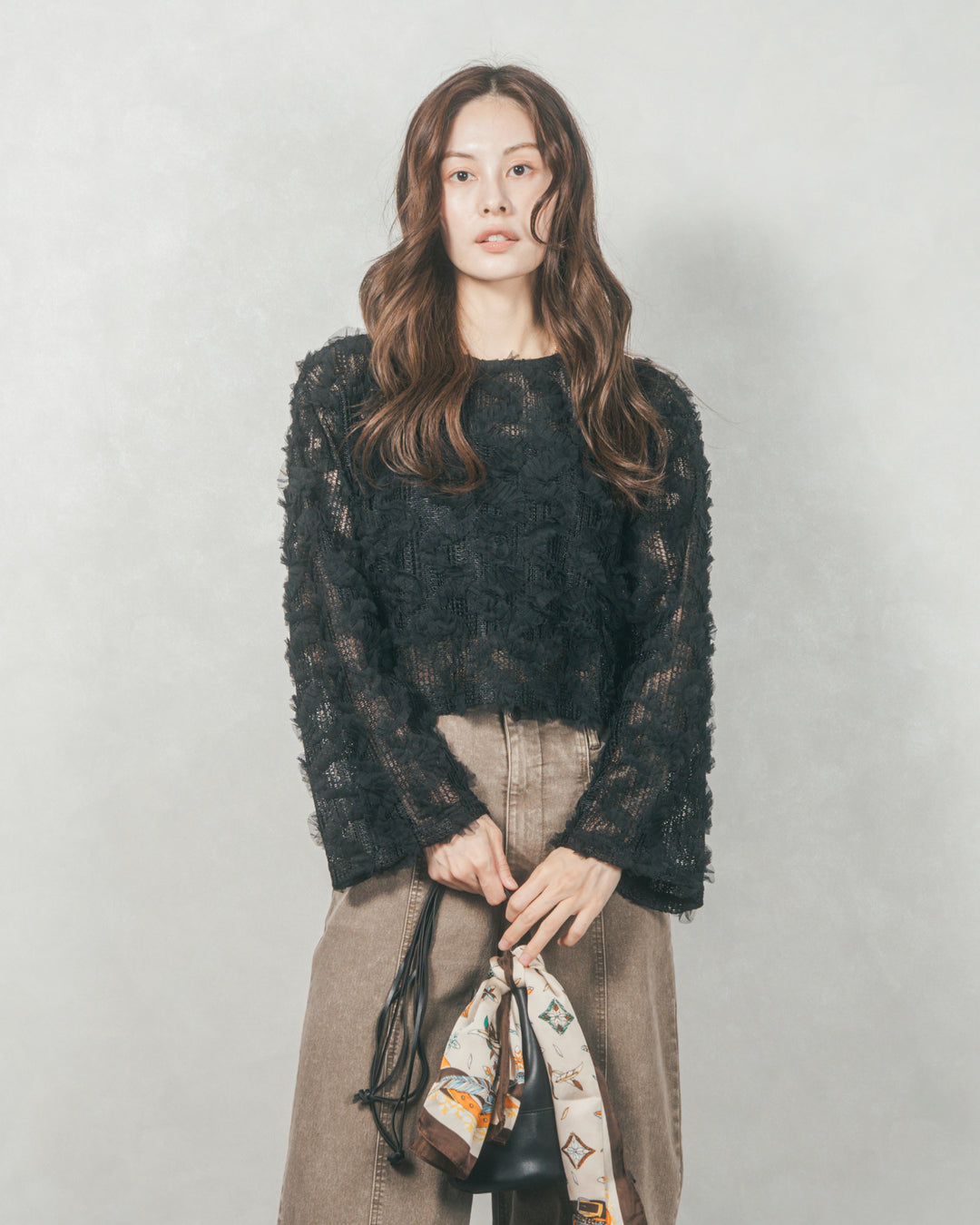 チュールメッシュクロップドトップス (BLACK)