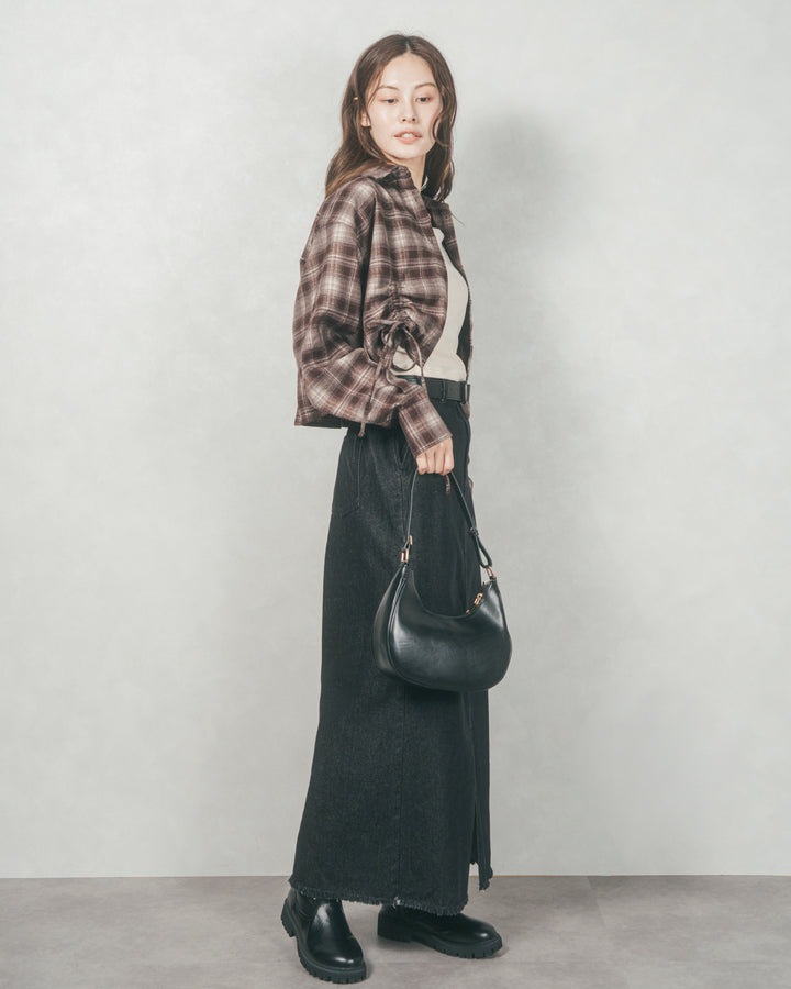 裾ドロストクロップドチェックシャツ (BROWN)