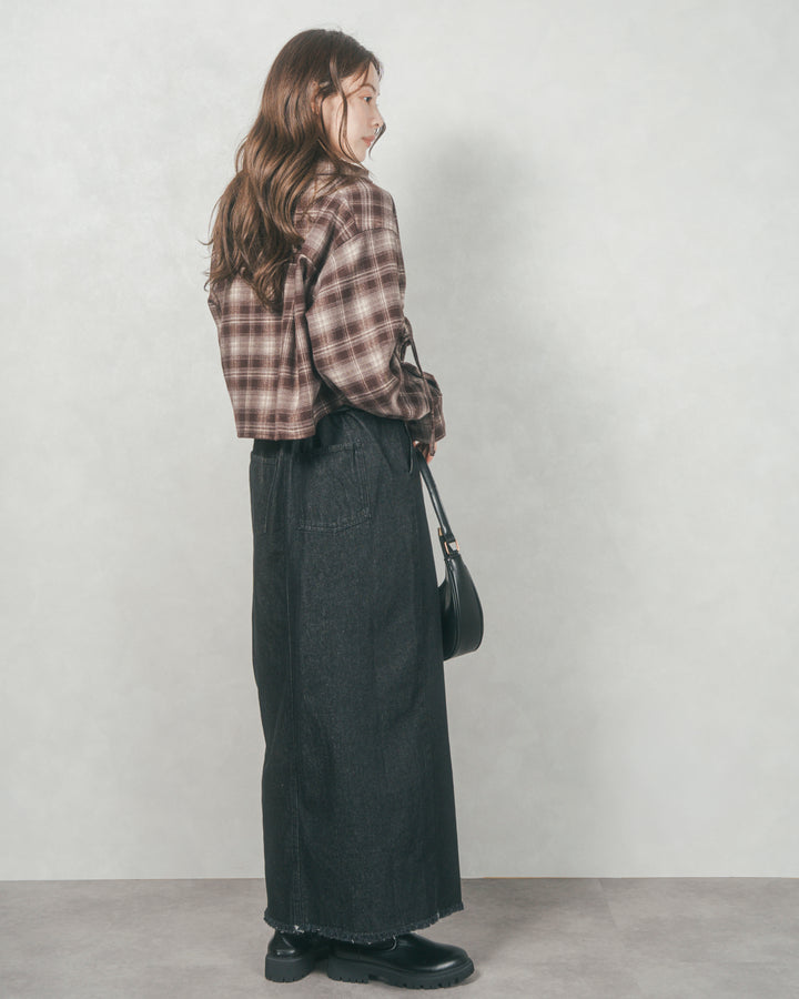 裾ドロストクロップドチェックシャツ (BROWN)
