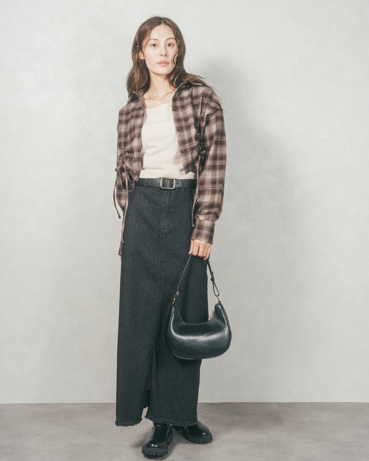 裾ドロストクロップドチェックシャツ (BROWN)