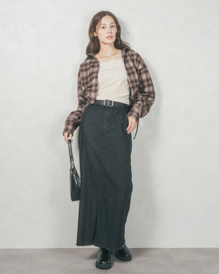 裾ドロストクロップドチェックシャツ (BROWN)