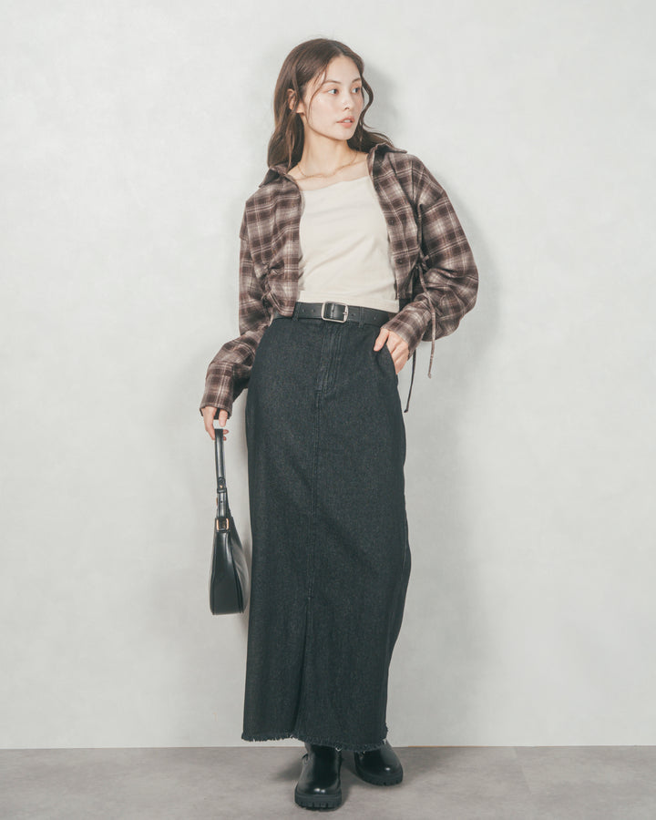 裾ドロストクロップドチェックシャツ (BROWN)