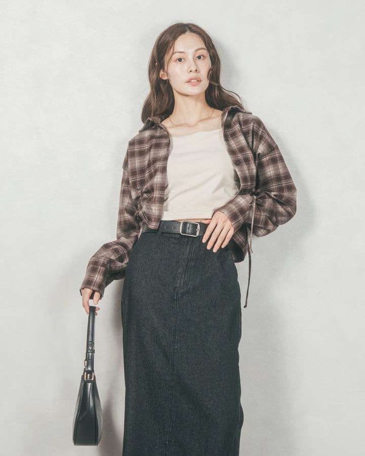 裾ドロストクロップドチェックシャツ (BROWN)