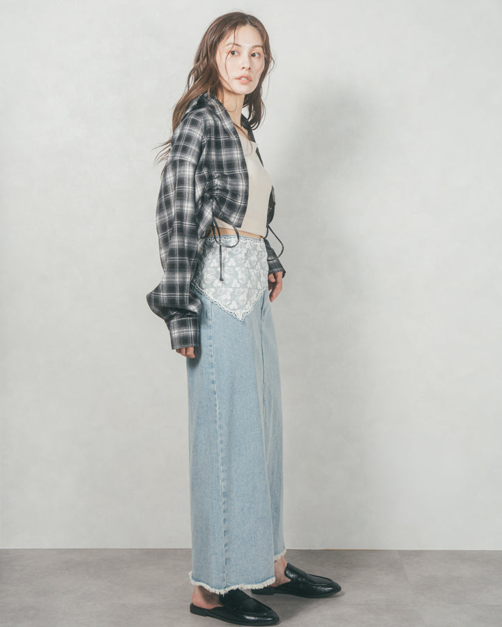 裾ドロストクロップドチェックシャツ (BLACK)