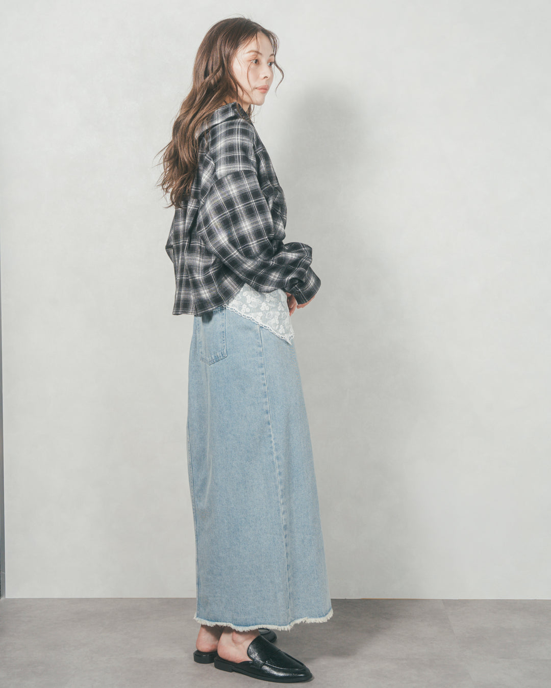 裾ドロストクロップドチェックシャツ (BLACK)