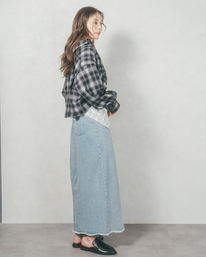 裾ドロストクロップドチェックシャツ (BLACK)