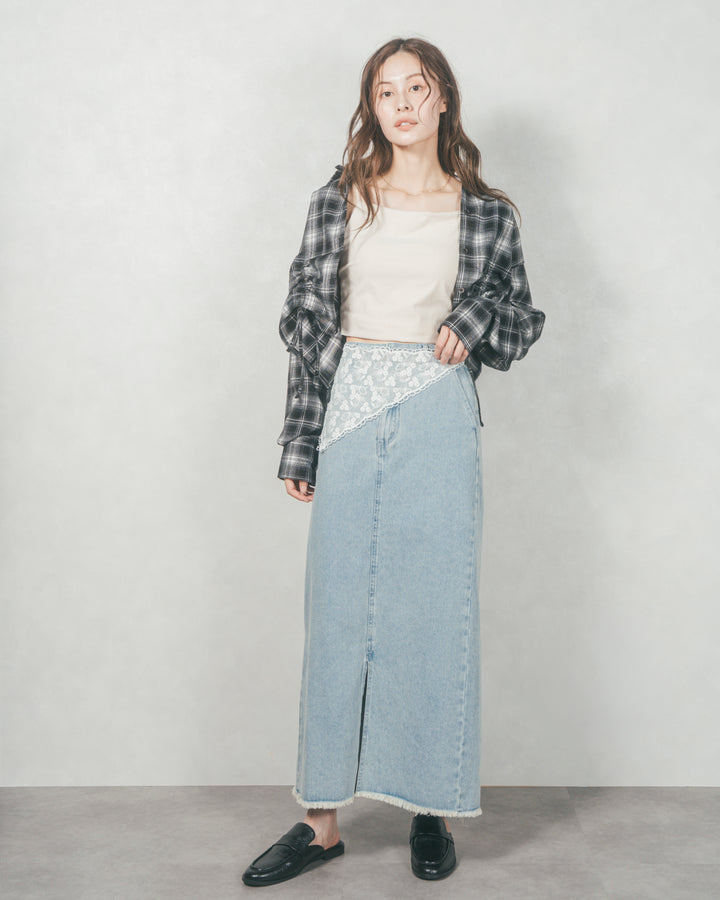 裾ドロストクロップドチェックシャツ (BLACK)