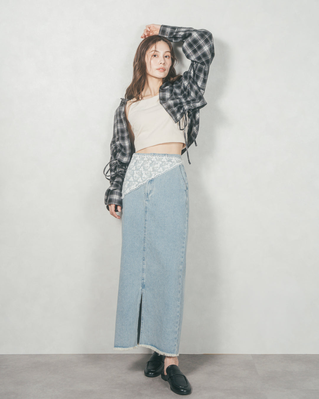 裾ドロストクロップドチェックシャツ (BLACK)