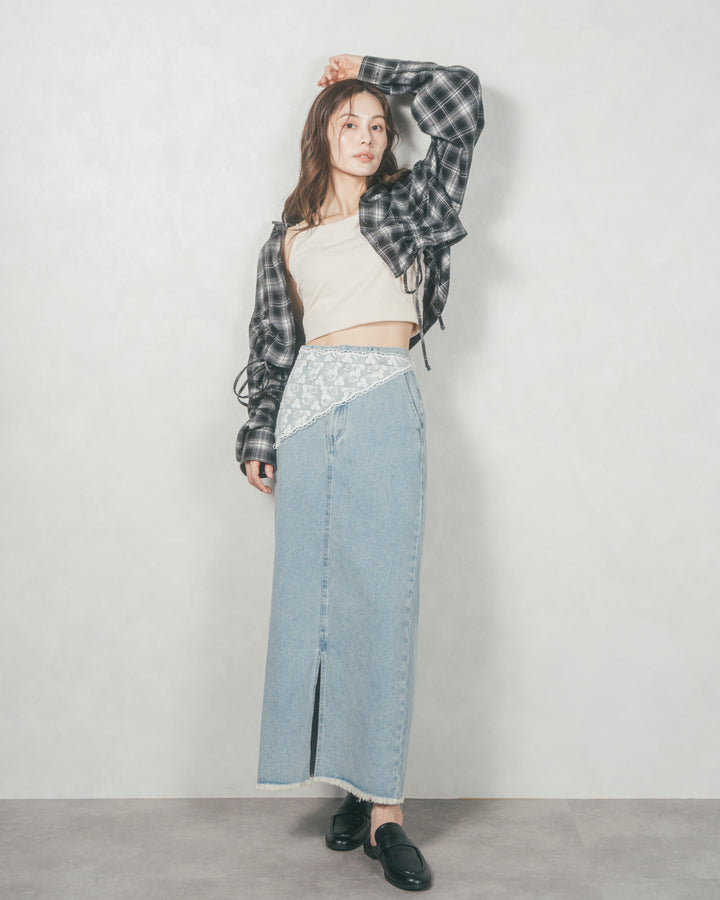 裾ドロストクロップドチェックシャツ (BLACK)