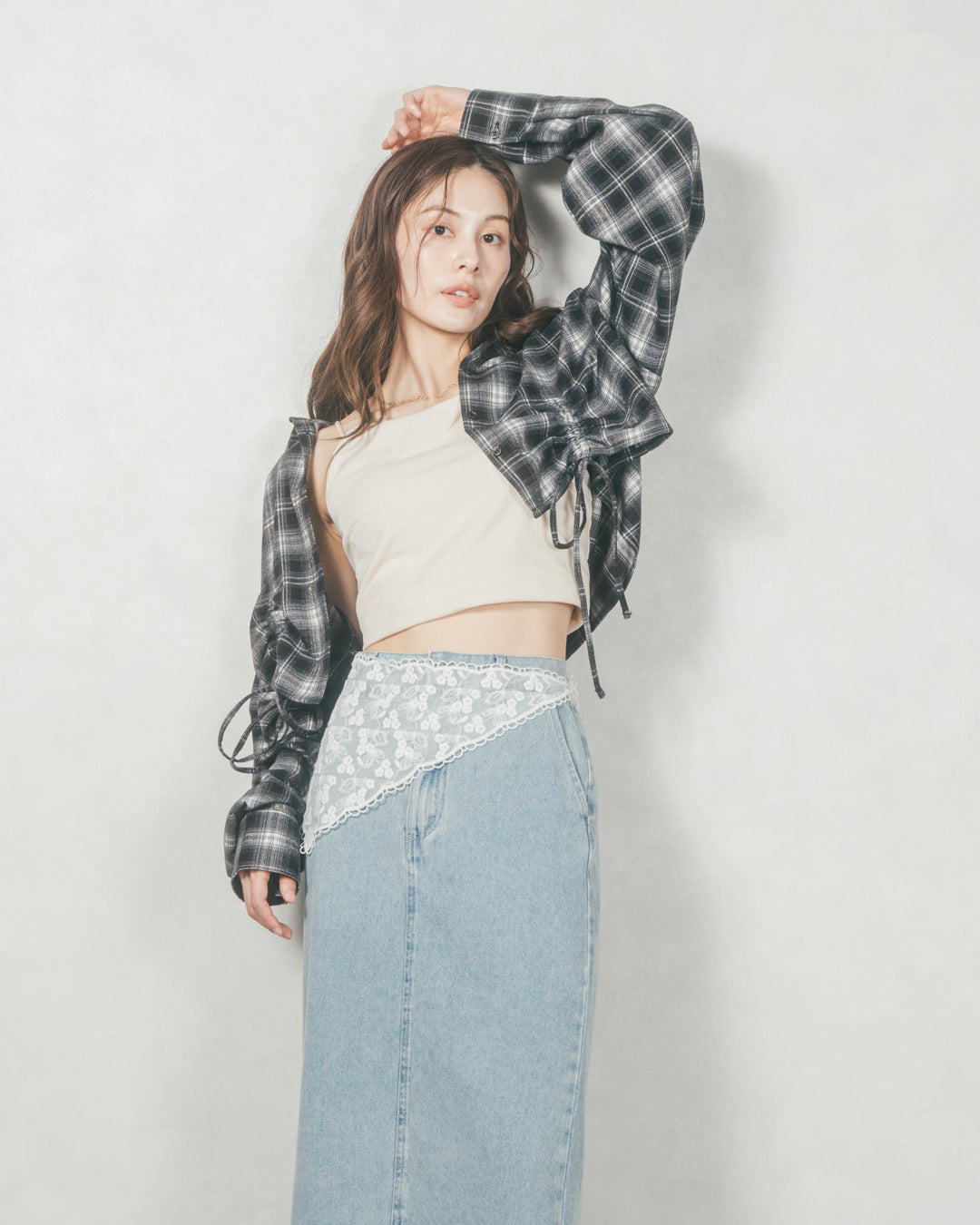 裾ドロストクロップドチェックシャツ (BLACK)