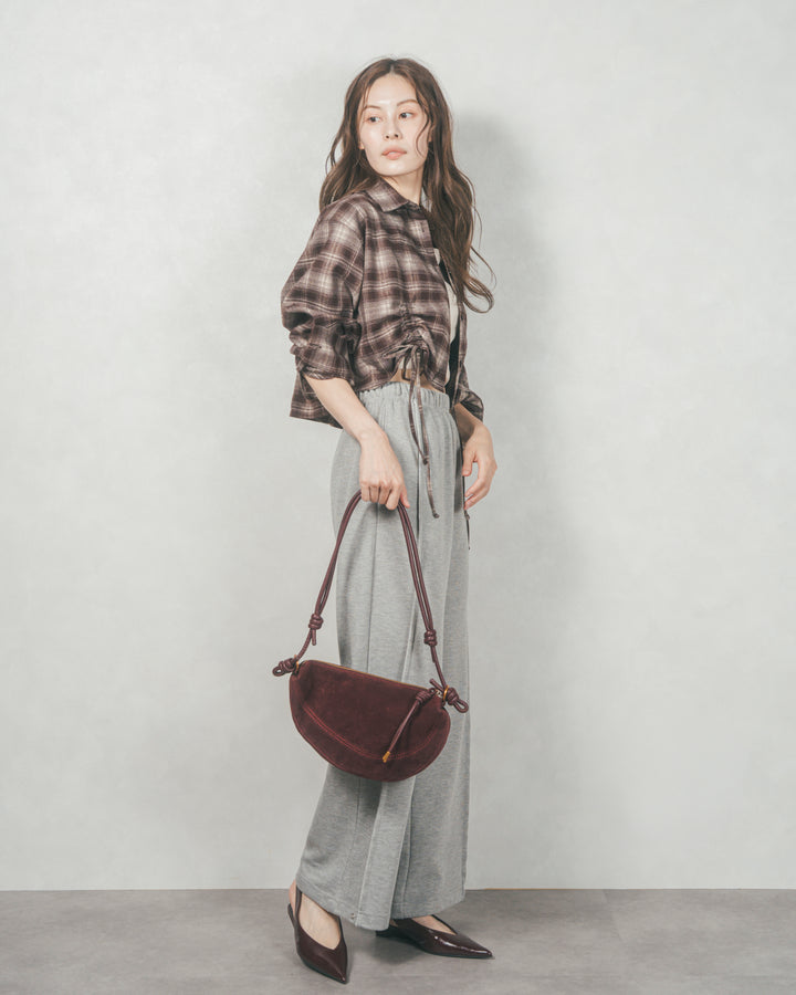 裾ドロストクロップドチェックシャツ (BROWN)