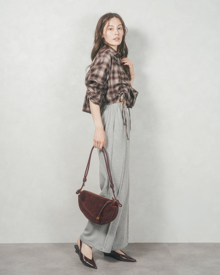 裾ドロストクロップドチェックシャツ (BROWN)