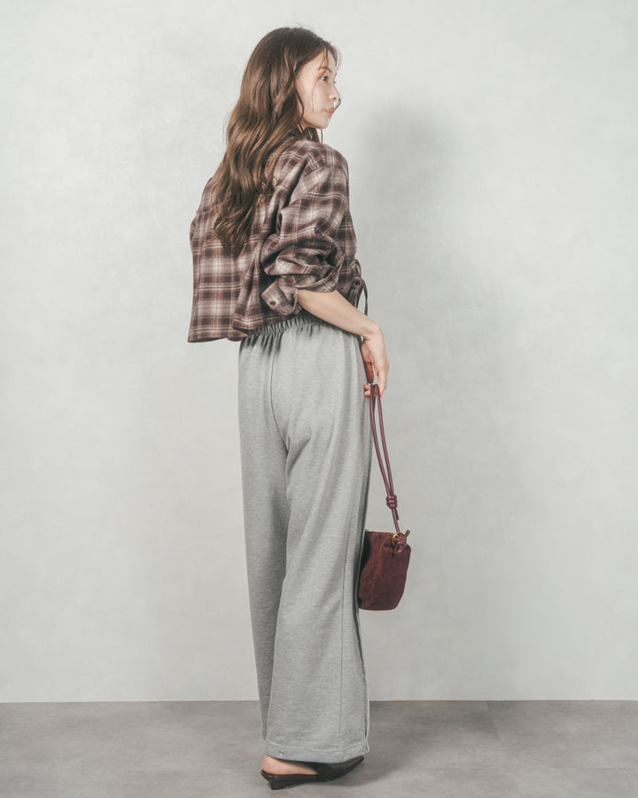 裾ドロストクロップドチェックシャツ (BROWN)