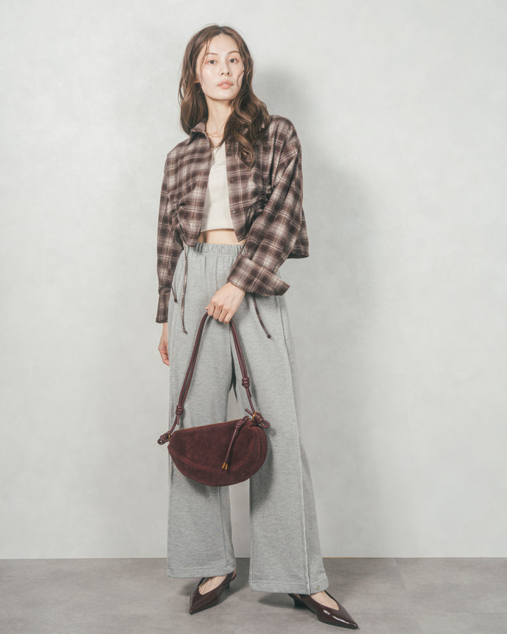 裾ドロストクロップドチェックシャツ (BROWN)