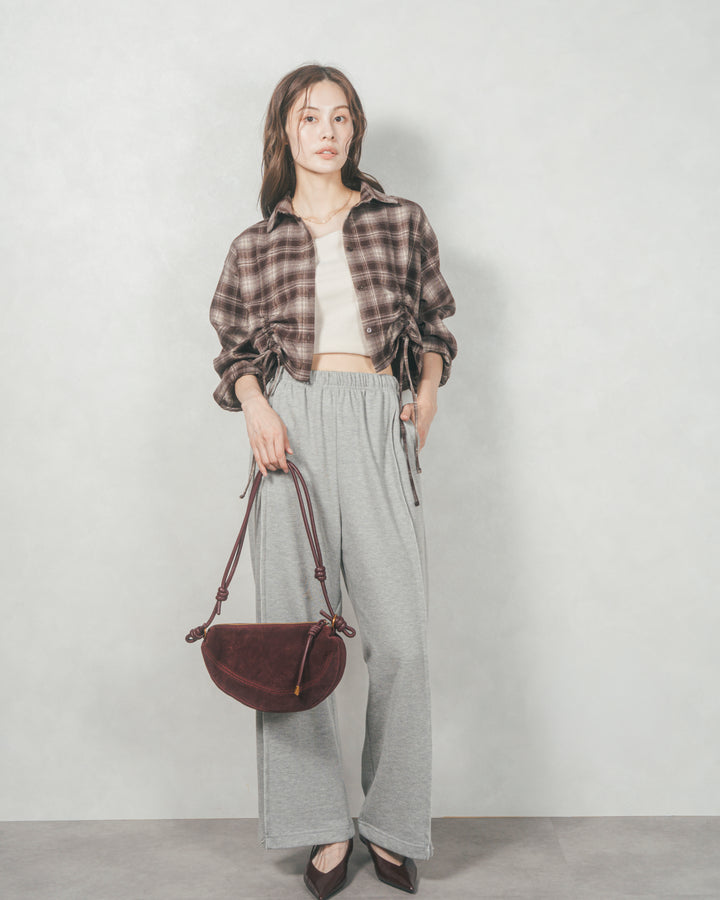 裾ドロストクロップドチェックシャツ (BROWN)