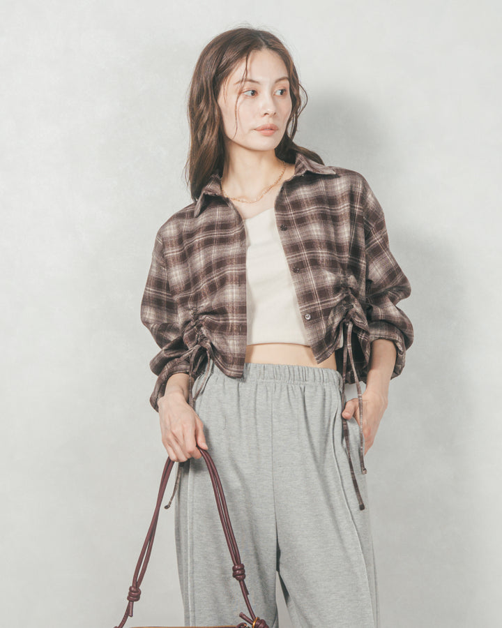 裾ドロストクロップドチェックシャツ (BROWN)