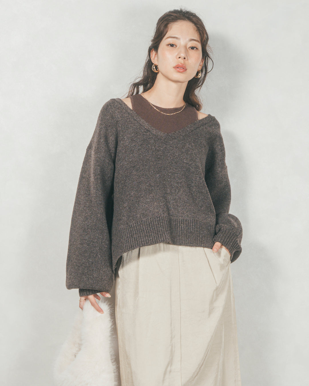 メランジVネックニットレイヤードセット (BROWN x DARK BROWN)