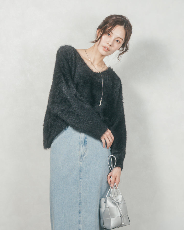 2-Way オフショルフェザーニット (BLACK)