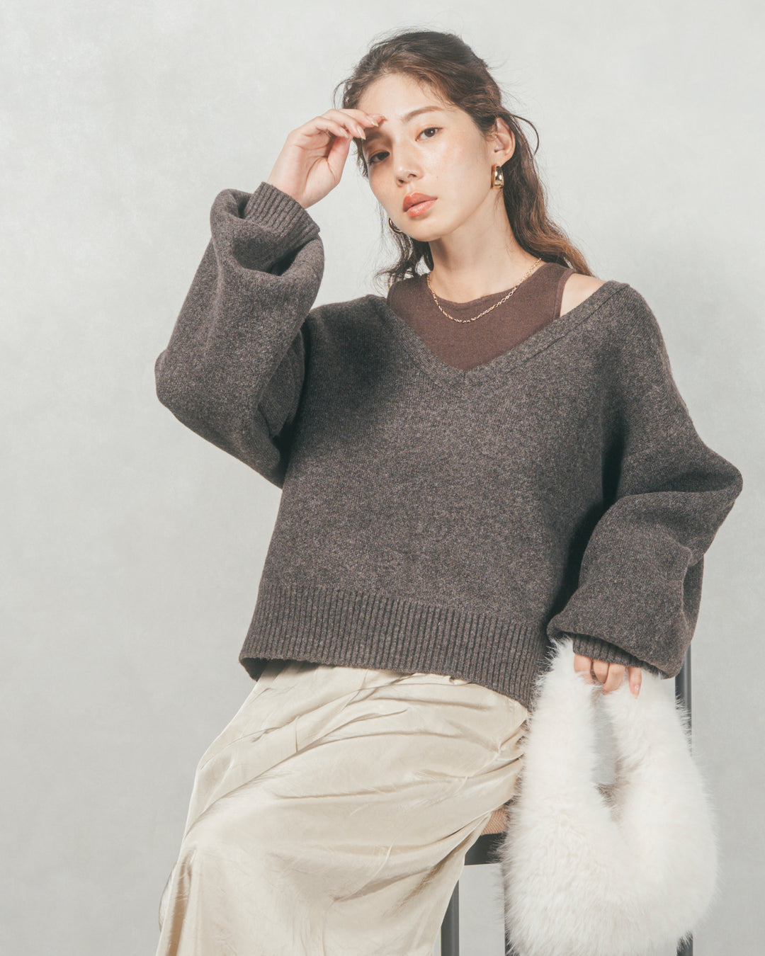 メランジVネックニットレイヤードセット (BROWN x DARK BROWN)