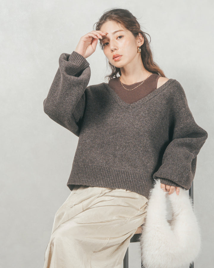 メランジVネックニットレイヤードセット (BROWN x DARK BROWN)