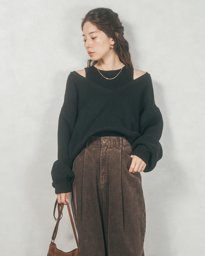 メランジVネックニットレイヤードセット (BLACK x BLACK)