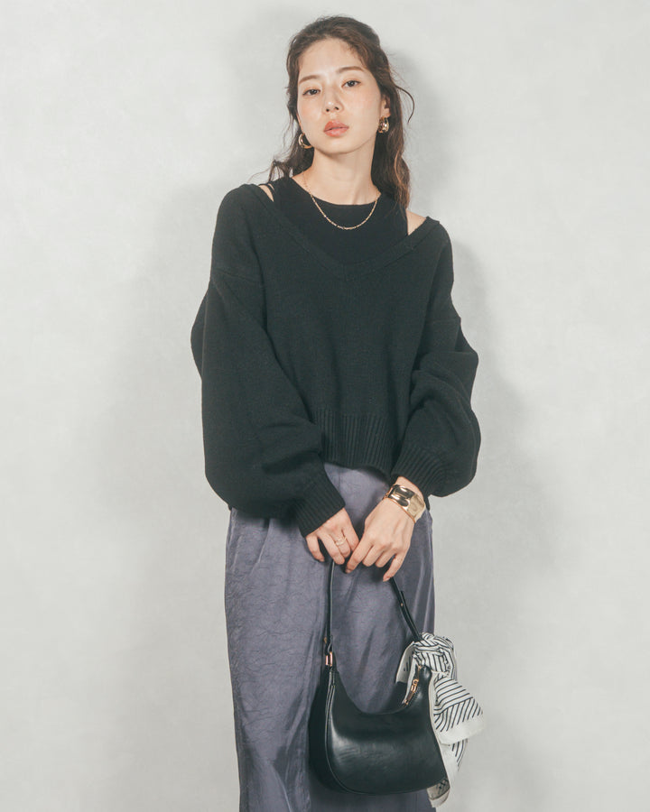 メランジVネックニットレイヤードセット (BLACK x BLACK)