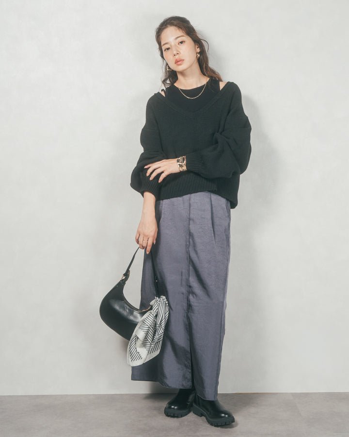 メランジVネックニットレイヤードセット (BLACK x BLACK)