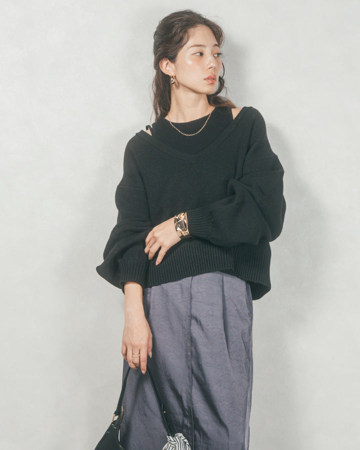 メランジVネックニットレイヤードセット (BLACK x BLACK)